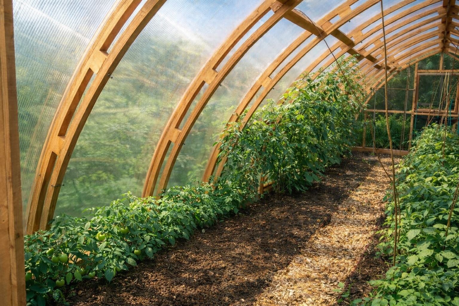 Insidan av ett Modulverk Tunnel växthus med odlingsbäddar och växter