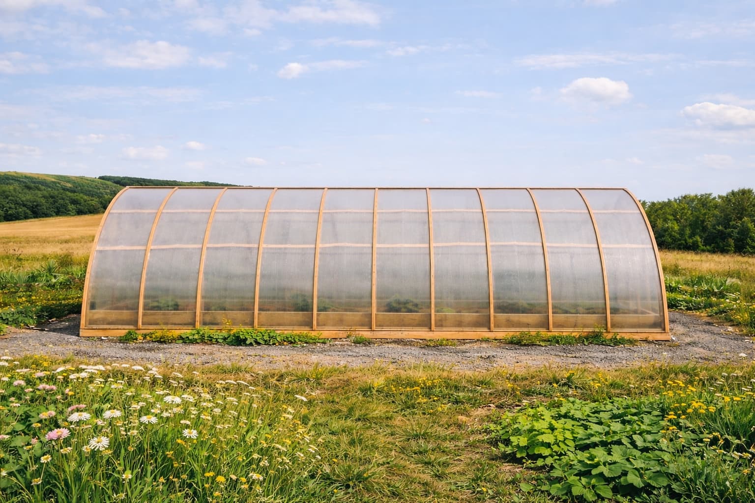 Insidan av ett Modulverk Tunnel växthus med odlingsbäddar och växter