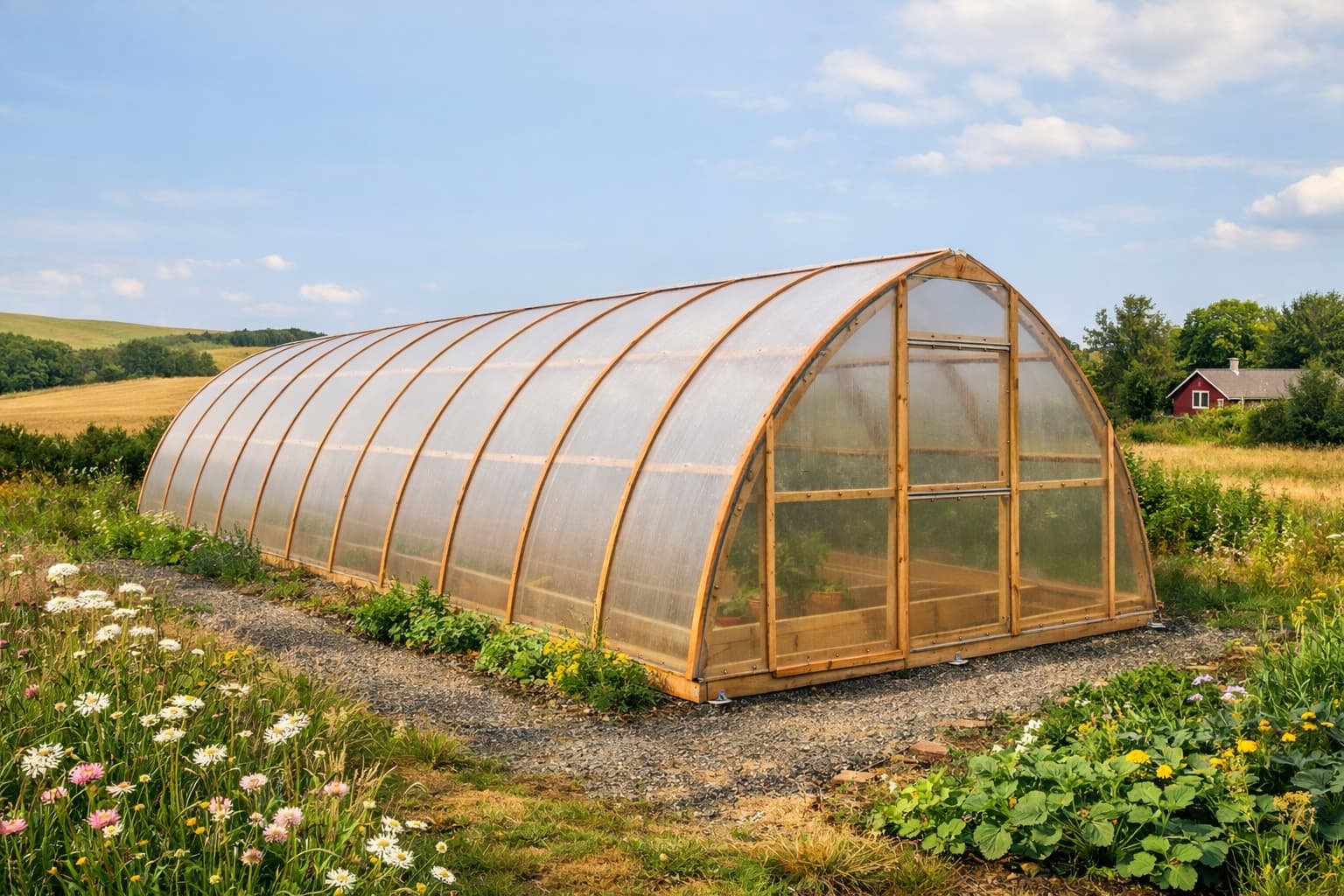 Modulverk Tunnel växthus i ett lantligt landskap