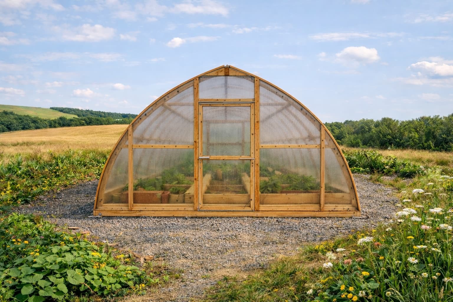 Insidan av ett Modulverk Tunnel växthus med odlingsbäddar och växter